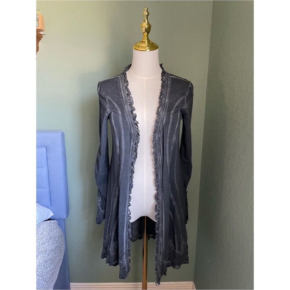 Gretty Zueger Cotton Lycra Lace Duster Longline Cardigan Size S Gray Lagenlook